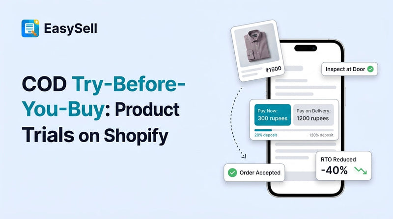 Shopify COD try-before-you-buy flow showing partial payment deposit and product inspection at delivery