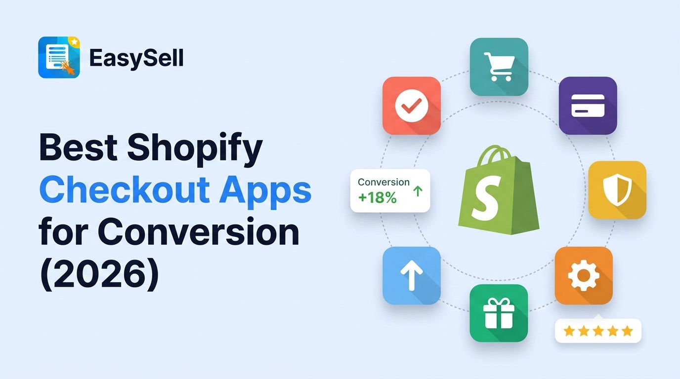 Best Shopify checkout apps for conversion optimization in 2026 with app icons and checkout interface