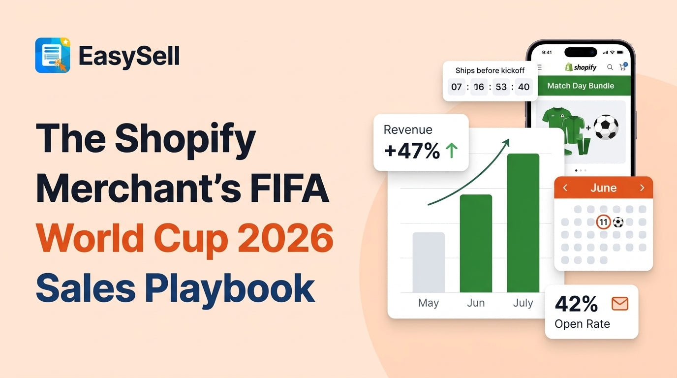 Shopify merchant preparing an ecommerce sales strategy for FIFA World Cup 2026 with product displays and soccer-themed marketing materials