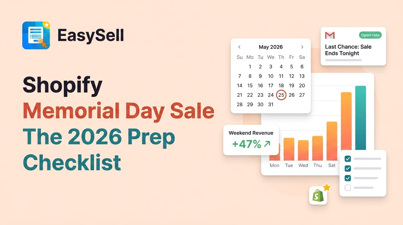 Shopify Memorial Day sale 2026 preparation checklist with calendar and store dashboard