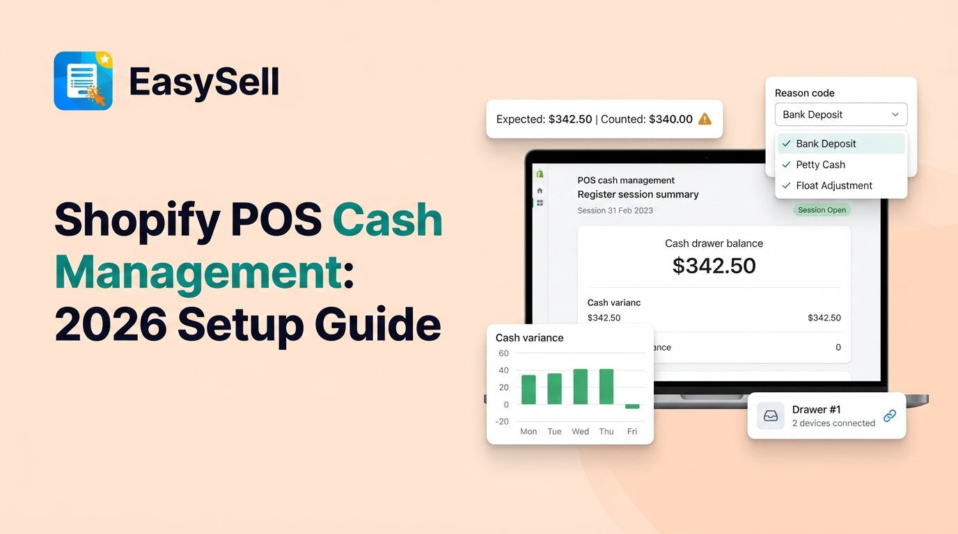 Shopify POS cash management dashboard showing register sessions and cash drawer tracking