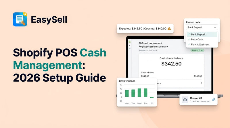 Shopify POS cash management dashboard showing register sessions and cash drawer tracking