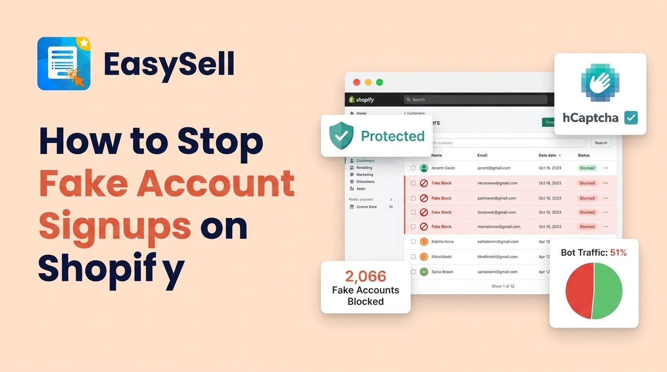 Shopify store dashboard showing fake bot account signups being blocked by spam protection tools
