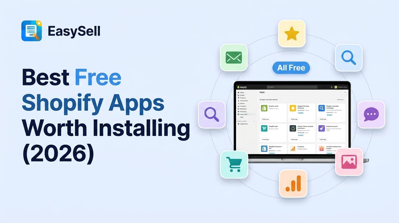 Best free Shopify apps for 2026 displayed as floating category icons orbiting a laptop showing the Shopify App Store