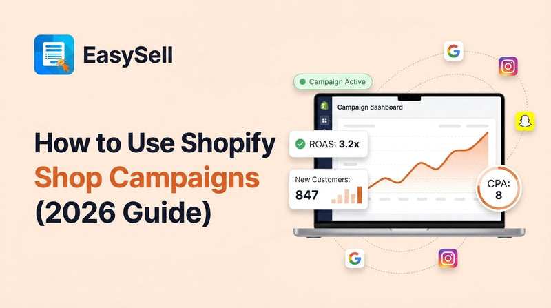 Shopify Shop Campaigns setup dashboard showing campaign creation with cost per acquisition settings