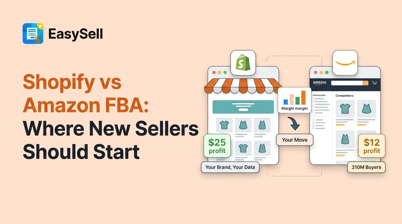 Side-by-side comparison of Shopify and Amazon FBA platforms with fee breakdowns and decision factors for new ecommerce sellers