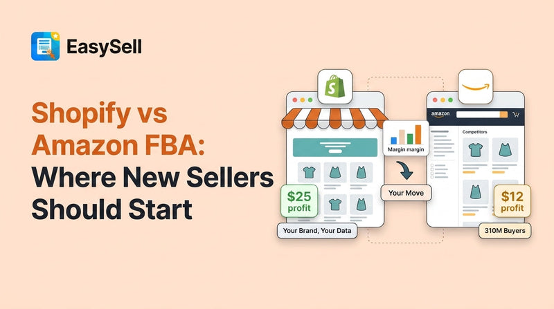 Side-by-side comparison of Shopify and Amazon FBA platforms with fee breakdowns and decision factors for new ecommerce sellers