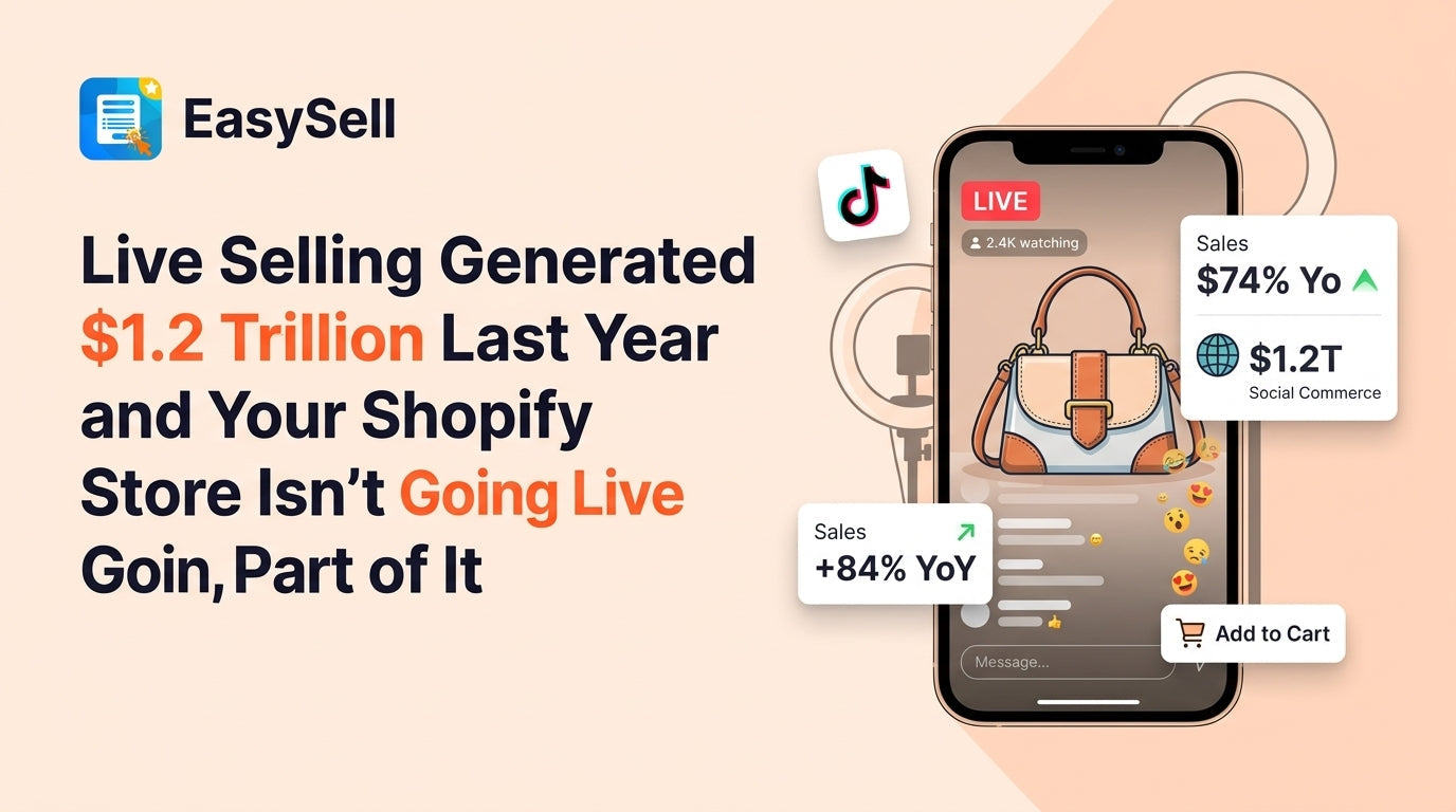 EasySell blog header for live selling guide showing smartphone with live commerce interface, TikTok icon, floating sales stat cards showing 84% YoY growth and $1.2T social commerce, and Add to Cart button on soft peach background