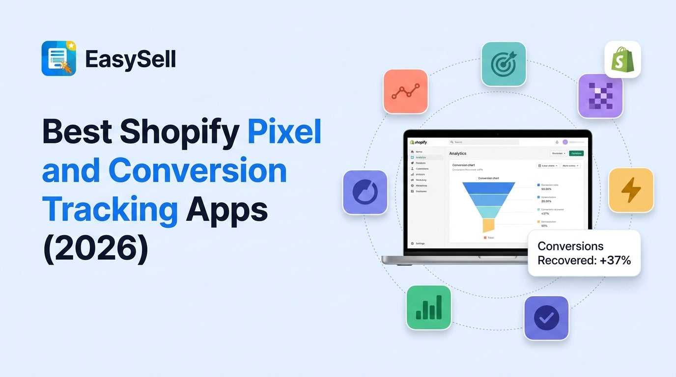 Best Shopify pixel and conversion tracking apps compared for 2026 with app icons and tracking dashboard