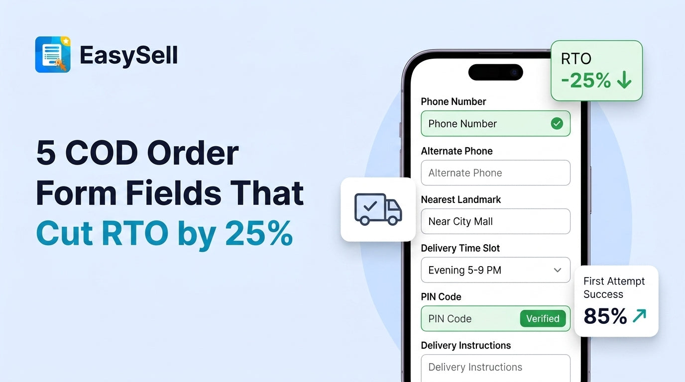 Five COD order form fields displayed on a mobile checkout screen with delivery success indicators