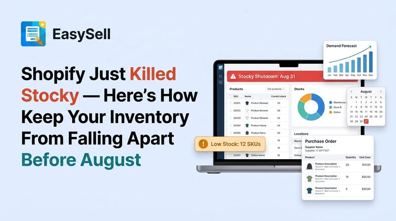 Shopify inventory management dashboard showing stock levels and purchase orders after Stocky shutdown
