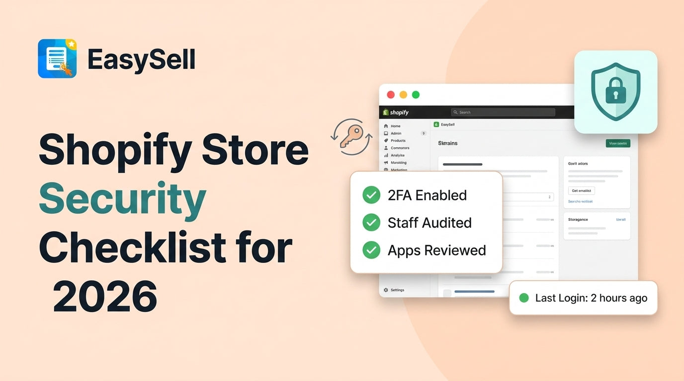 Shopify store security checklist with shield icon and lock symbols on a soft blue background