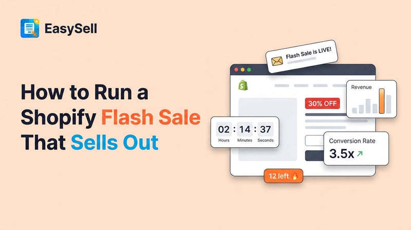 Shopify flash sale setup guide with countdown timer and order form elements on a pastel background