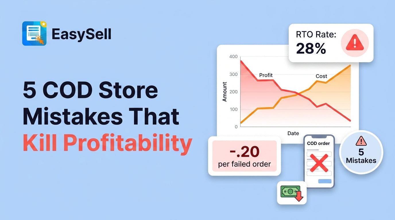 Five common COD ecommerce mistakes illustrated with order form and shipping icons on a soft blue background