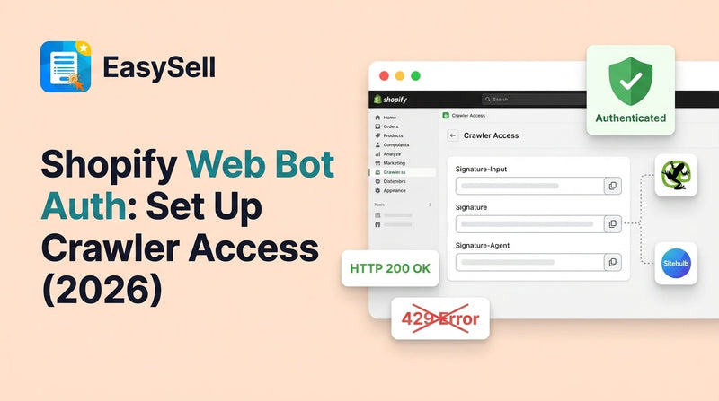 Shopify Web Bot Auth setup screen with crawler access keys and HTTP signature configuration