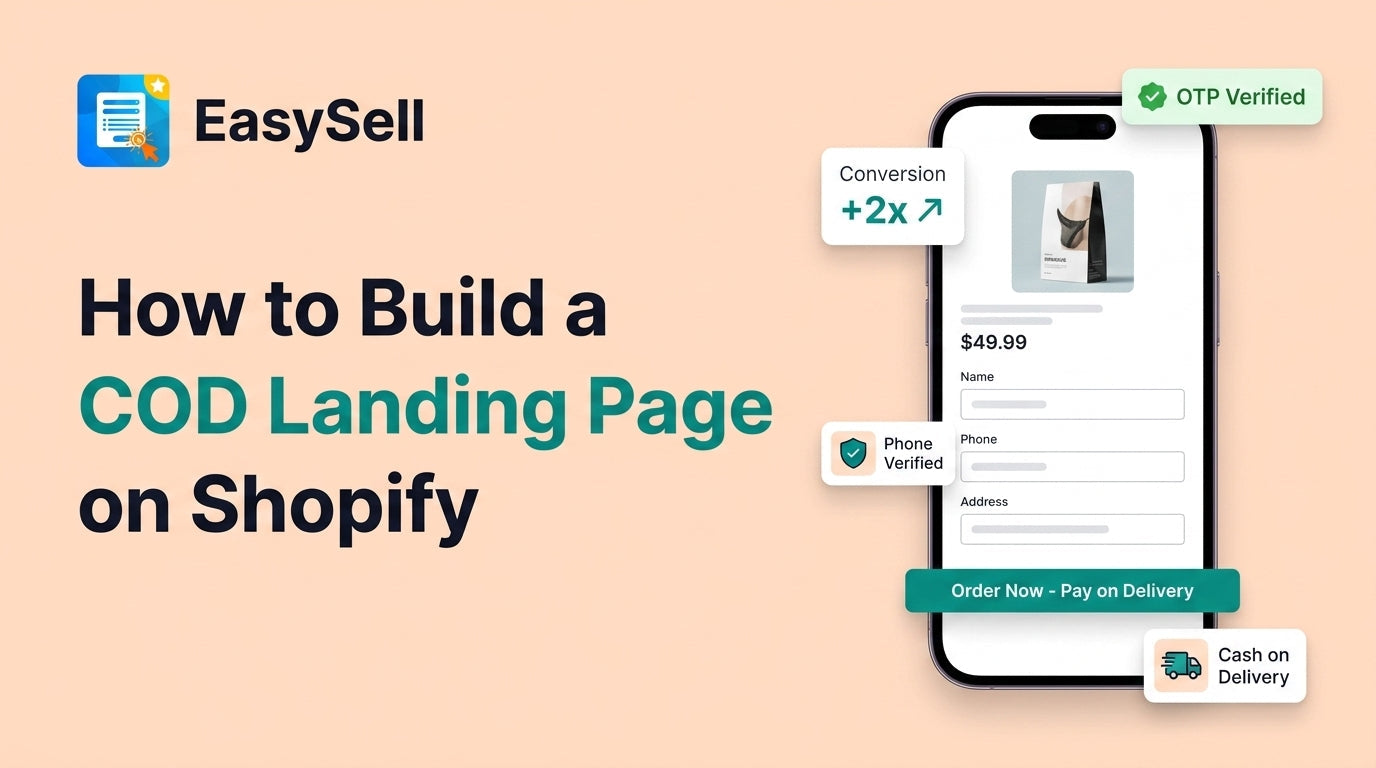 Shopify COD landing page layout with order form, phone verification, and single-product design for ad funnels