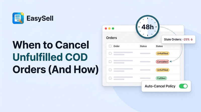 Shopify COD order management dashboard showing unfulfilled order cancellation workflow with aging thresholds