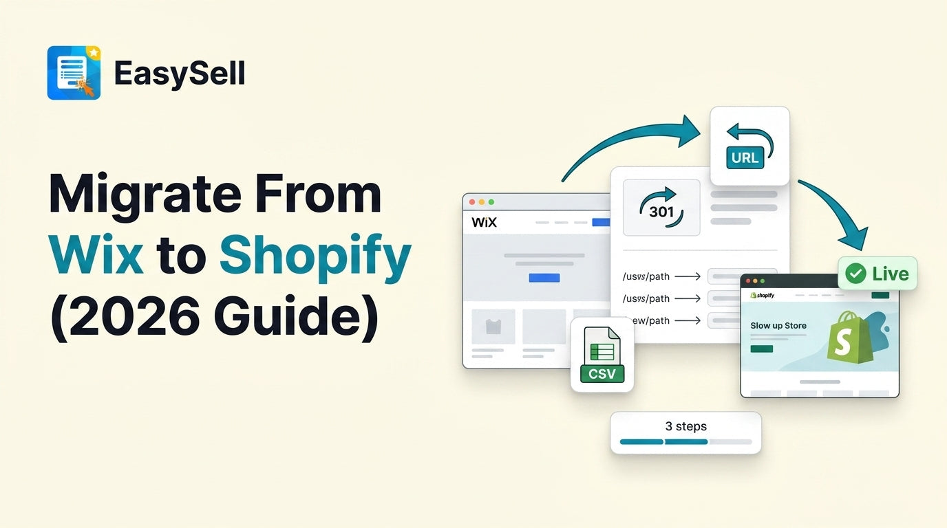 Step-by-step guide showing Wix to Shopify store migration process with product export and redirect setup