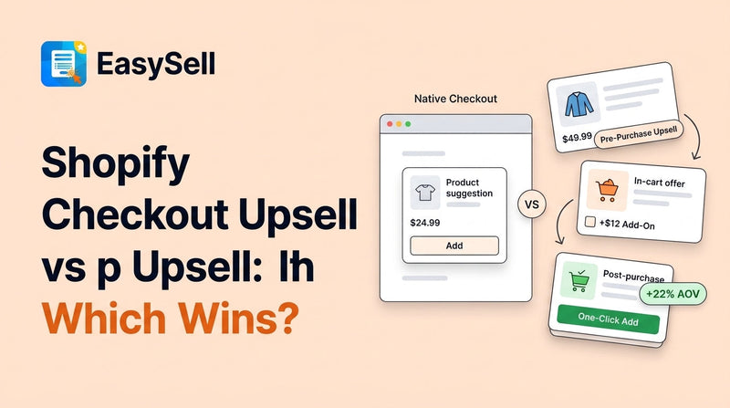 Split comparison of Shopify checkout upsell widget and dedicated upsell app interface on a clean dashboard
