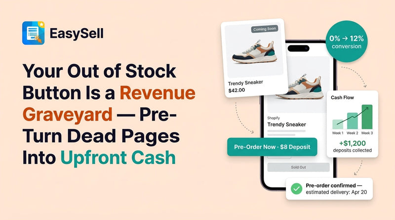 Shopify product page showing a pre-order button with deposit option replacing the sold out badge