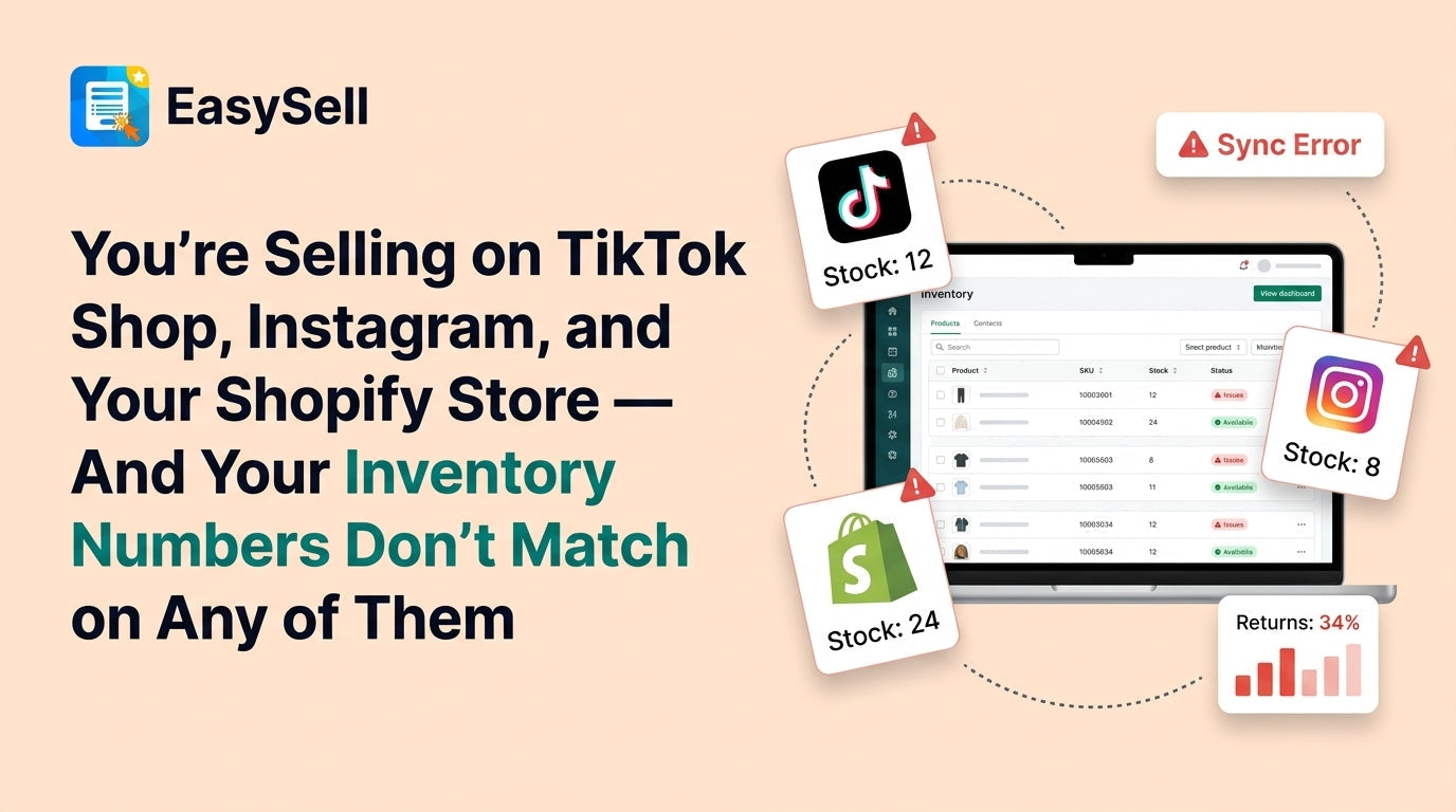 Multi-platform inventory sync dashboard showing Shopify, TikTok Shop, and Instagram stock levels unified in a single view