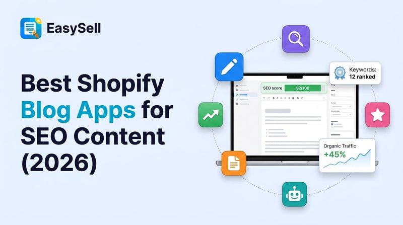 Best Shopify blog apps for SEO content in 2026 with app icons and blog editor interface