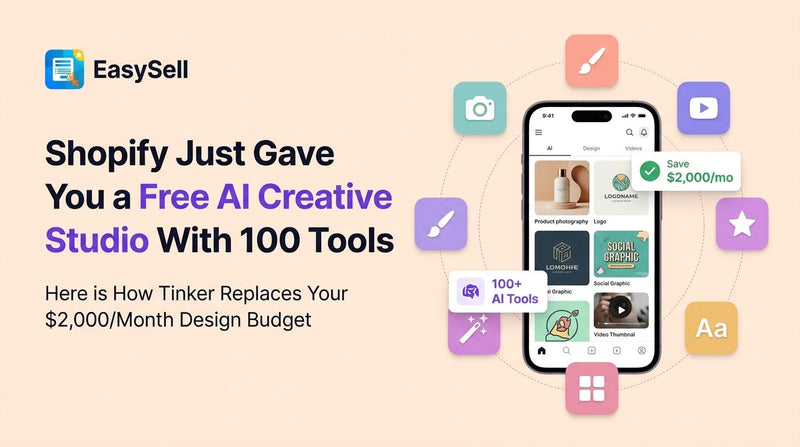 Shopify Tinker app interface showing AI-generated product photography and brand assets on a mobile phone
