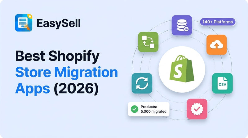 Best Shopify store migration apps comparison for 2026 with app icons and data transfer illustration