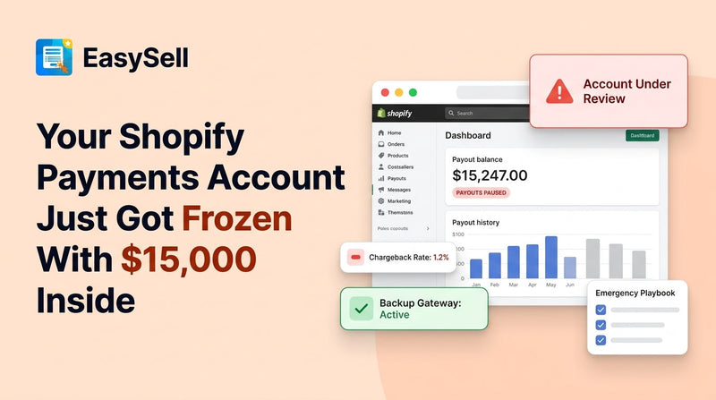 Shopify merchant looking at a frozen payments dashboard with held funds and a step-by-step recovery checklist