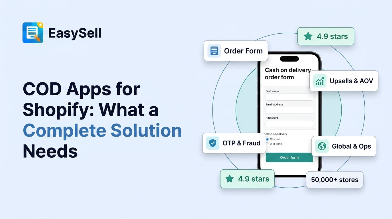 A complete COD solution for Shopify shown as one app covering order form, upsells, OTP fraud controls, and operations, versus a scattered stack of single-purpose apps