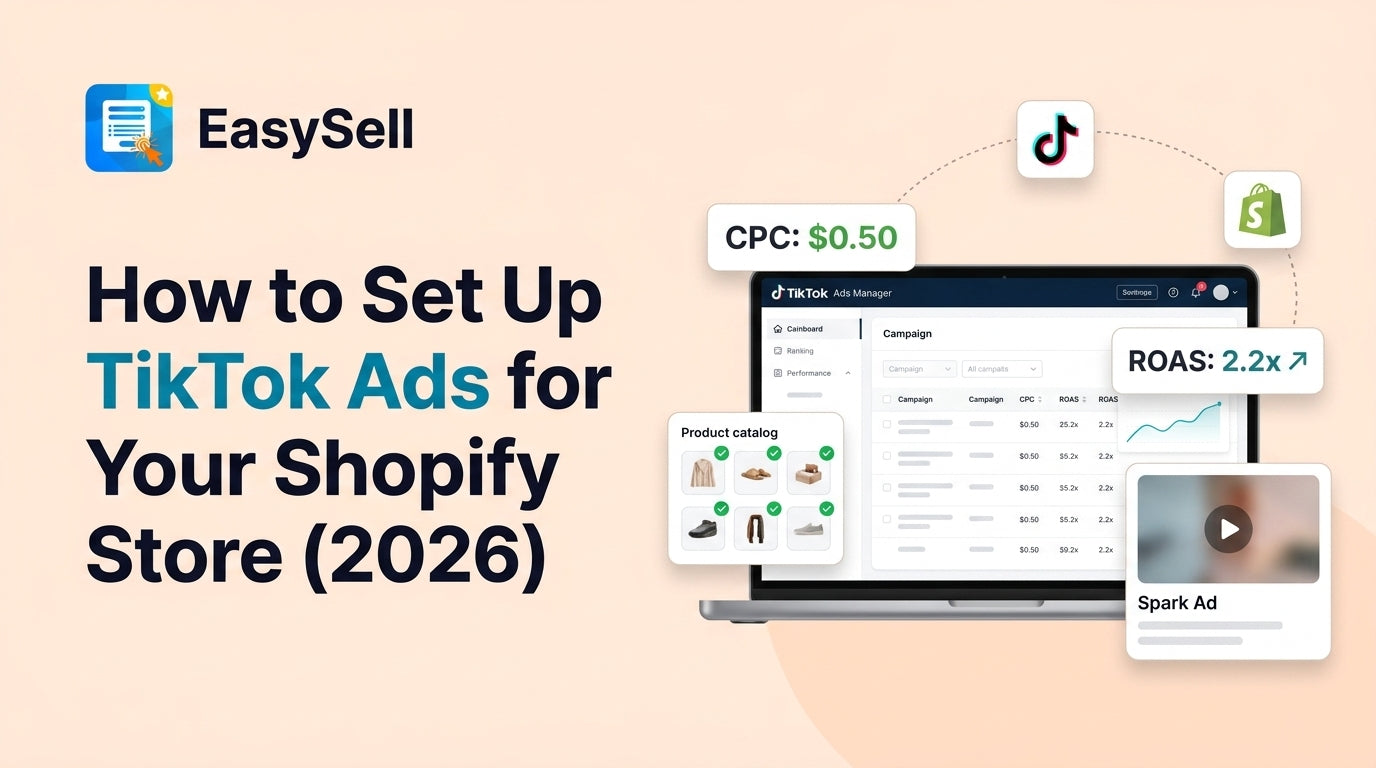 TikTok ads dashboard connected to Shopify store with product catalog sync and campaign metrics