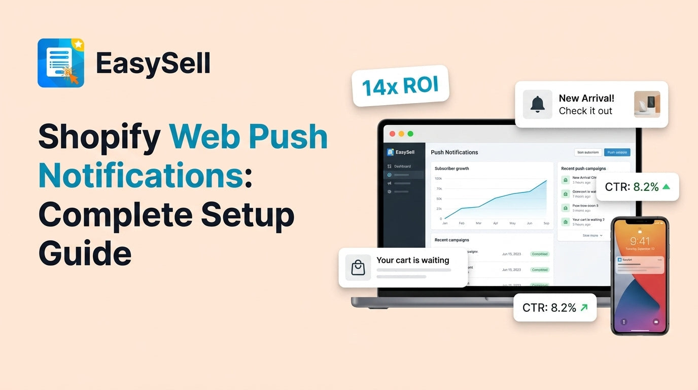 Shopify web push notification setup dashboard with opt-in prompt and campaign builder on soft blue background