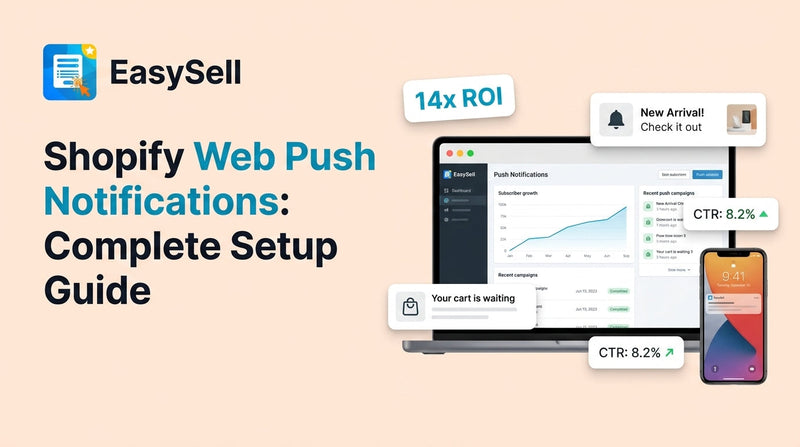 Shopify web push notification setup dashboard with opt-in prompt and campaign builder on soft blue background