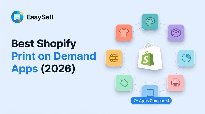 Best Shopify print on demand apps for 2026 comparison with floating app icons orbiting a Shopify bag on a soft blue background
