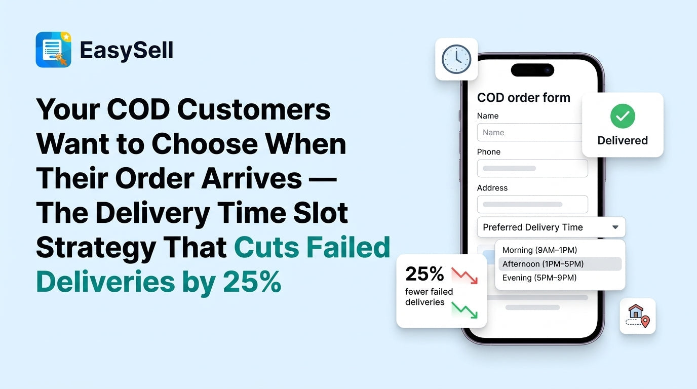 COD delivery time slot selection on a Shopify order form showing morning, afternoon, and evening windows