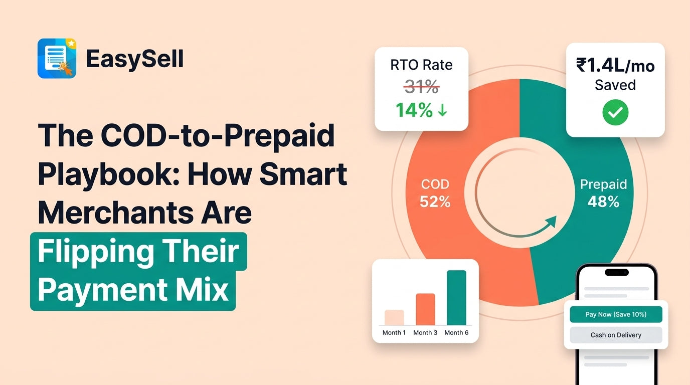 Shopify merchant dashboard showing COD to prepaid payment ratio shifting from 70:30 to 50:50 with conversion strategies