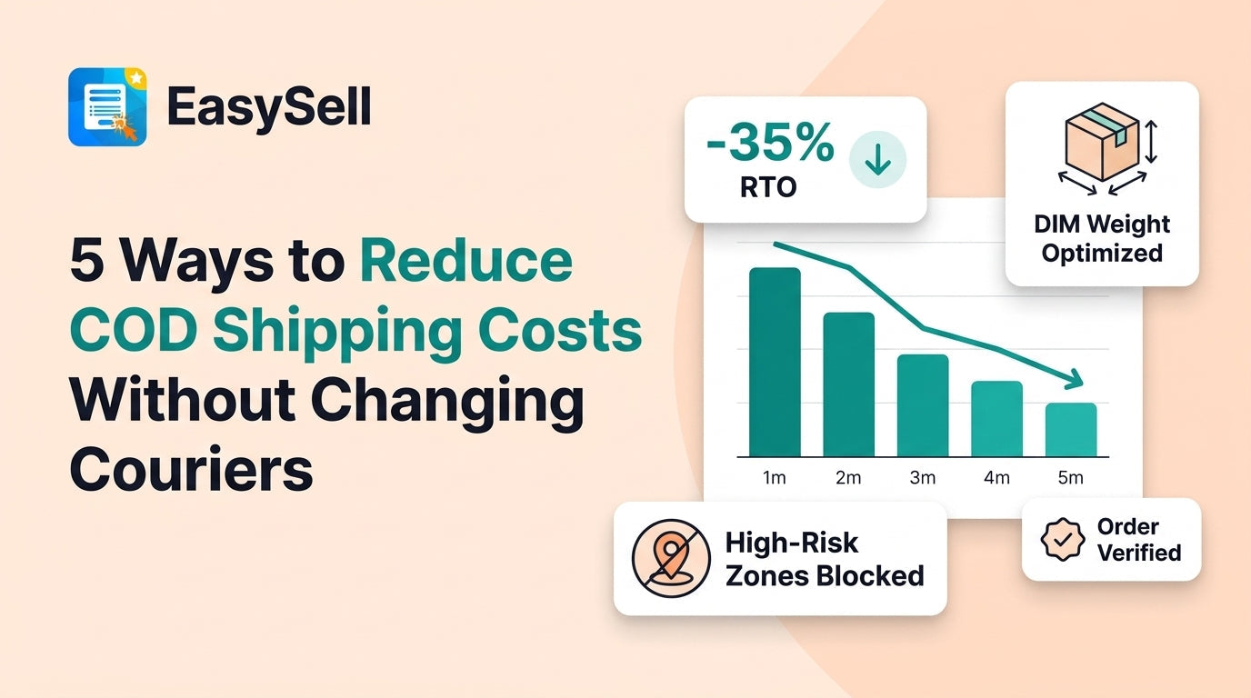 Five cost-saving strategies for COD shipping displayed on a dashboard with shipping cost graphs trending downward
