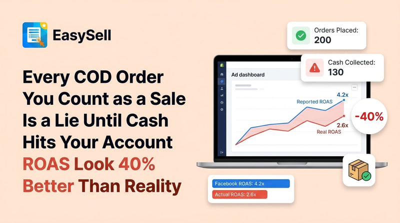 Dashboard showing the gap between reported COD orders and actual cash collected, with ROAS calculations adjusted for delivery failures