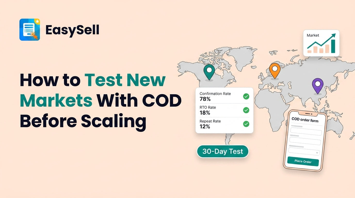 COD market testing framework showing a world map with go/no-go metrics dashboard and order form mockup on a soft peach background