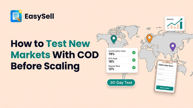 COD market testing framework showing a world map with go/no-go metrics dashboard and order form mockup on a soft peach background