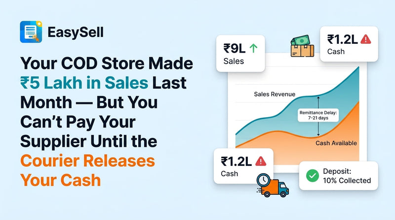 COD merchant reviewing cash flow gap between sales dashboard and actual bank balance with courier remittance timeline