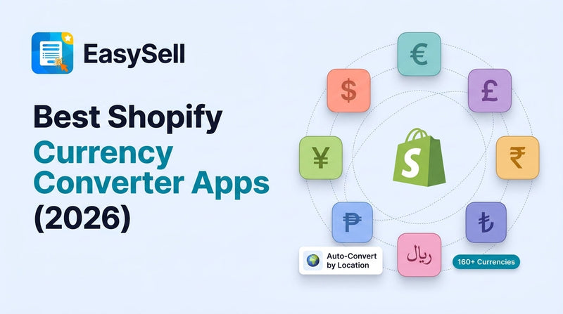Best Shopify currency converter apps for 2026 with currency symbols for dollar, euro, pound, yen, rupee, peso, riyal, and lira orbiting around a Shopify shopping bag