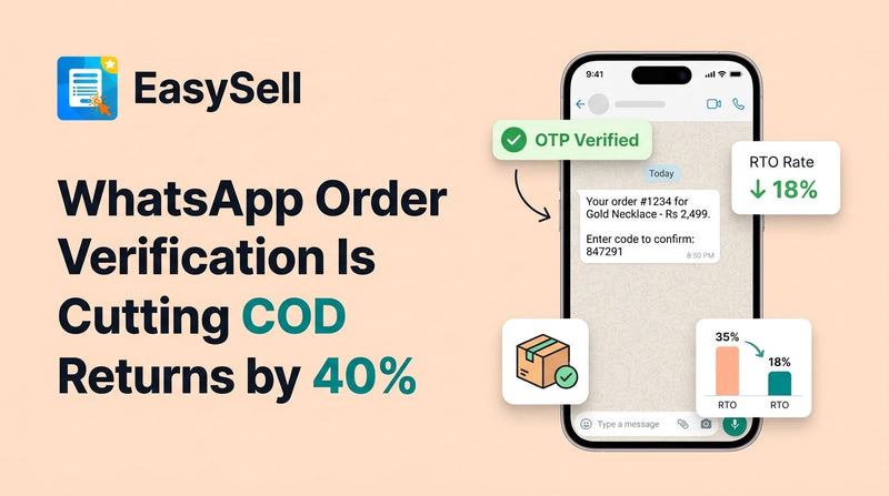 WhatsApp order verification flow on a mobile phone showing OTP confirmation for a COD Shopify order