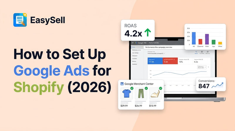 Shopify Google Ads setup guide showing campaign dashboard and product feed optimization
