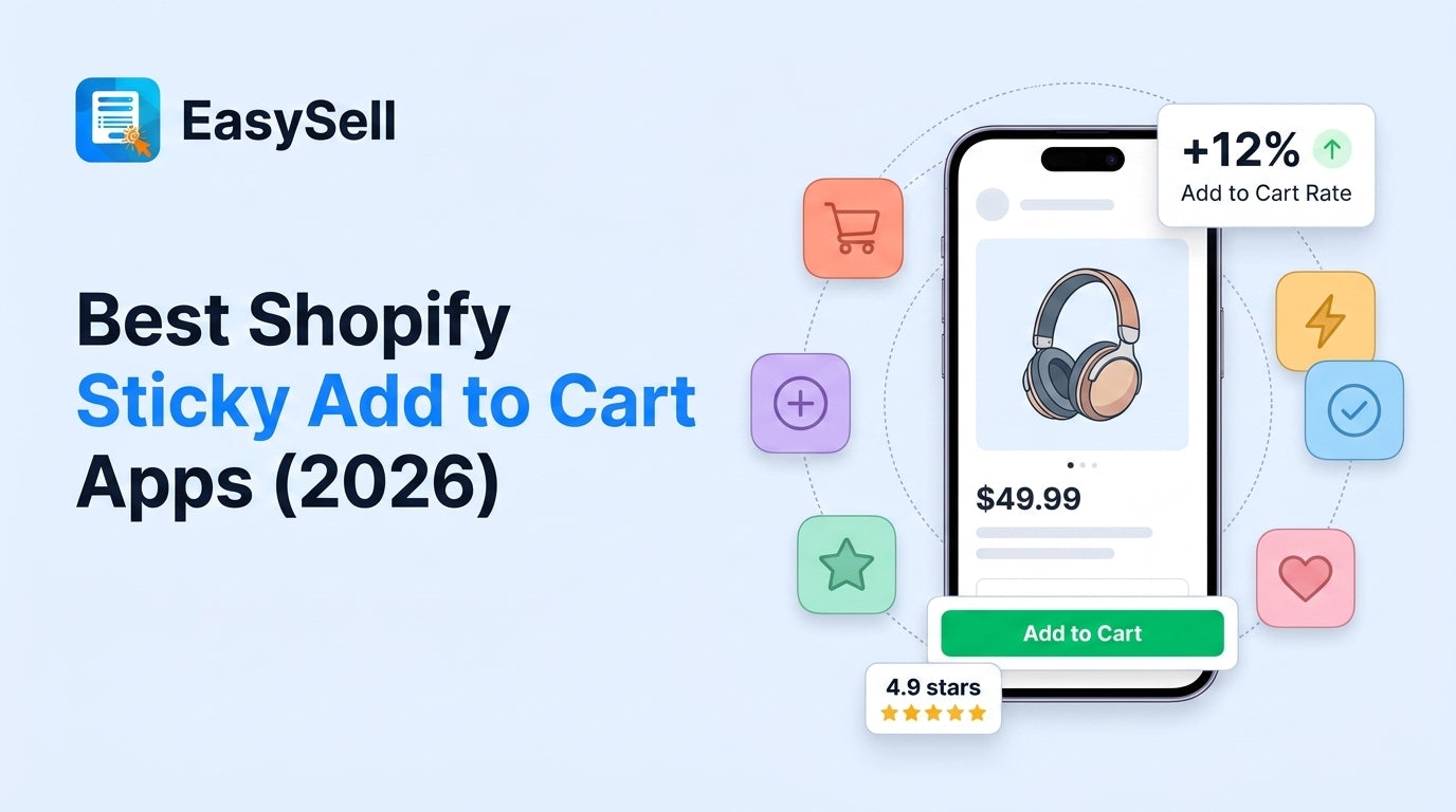 Best Shopify sticky add to cart apps compared for 2026 with app icons and product page mockup