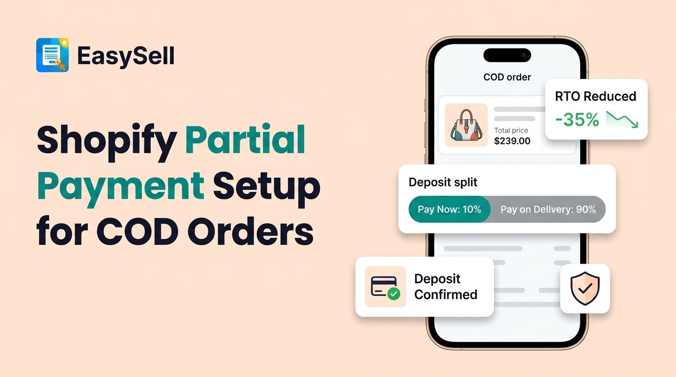 Shopify partial payment setup for COD orders showing deposit configuration and order form