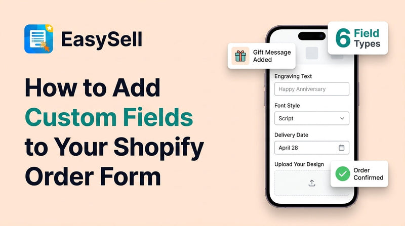 Shopify order form with custom fields including text input, dropdown menu, and date picker on a clean product page layout