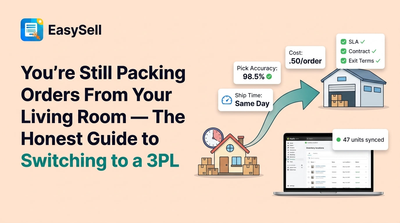 Shopify merchant reviewing 3PL warehouse fulfillment setup on laptop with shipping boxes in background