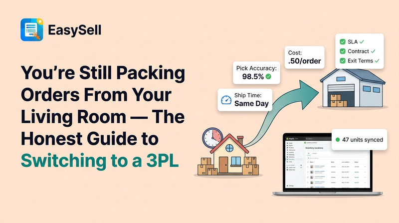 Shopify merchant reviewing 3PL warehouse fulfillment setup on laptop with shipping boxes in background