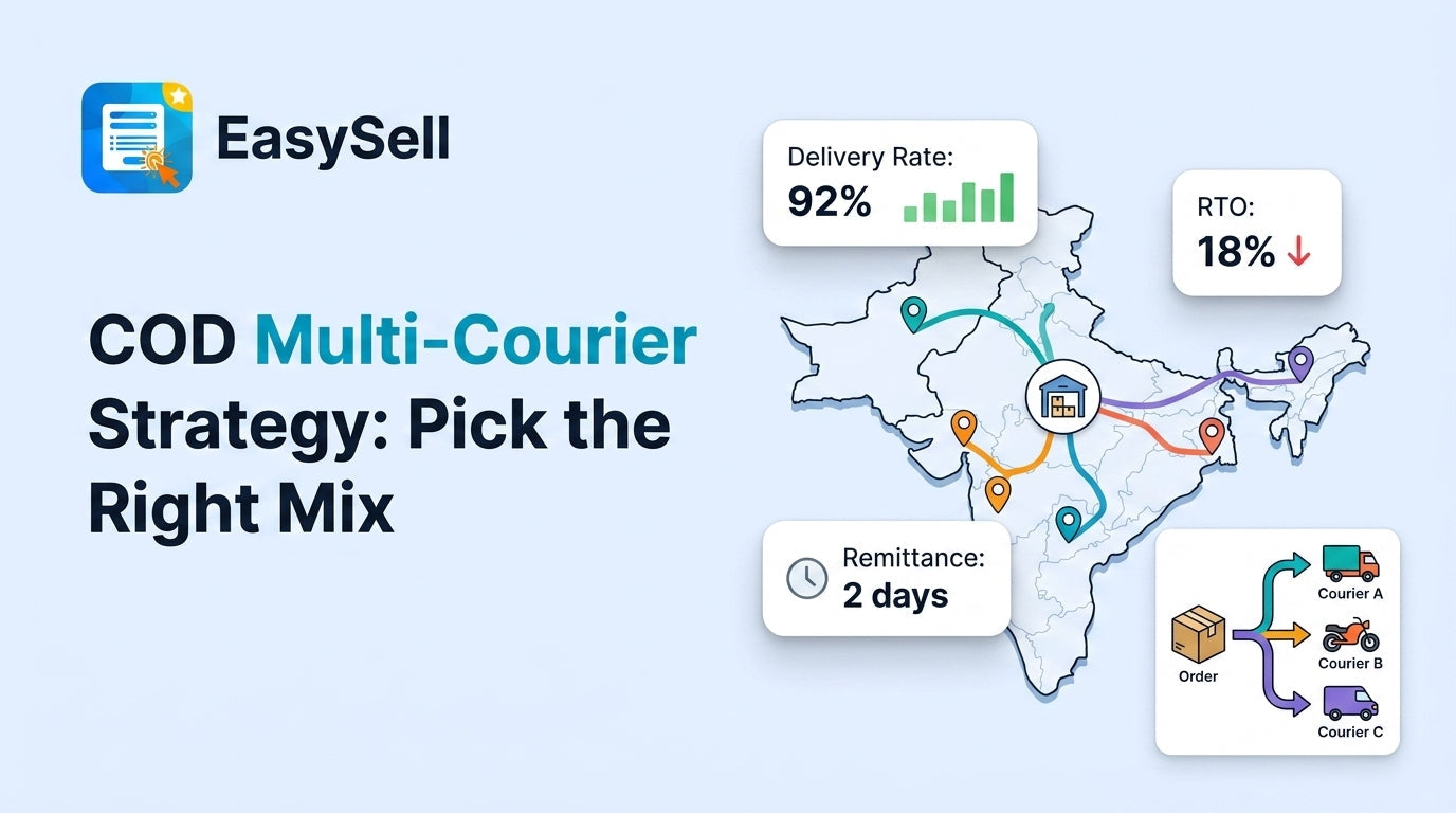 COD multi-courier strategy infographic showing delivery routes across South Asia with courier performance cards for delivery rate, RTO, and remittance speed
